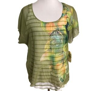 ONE WORLD Sheer Olive Floral Blouse